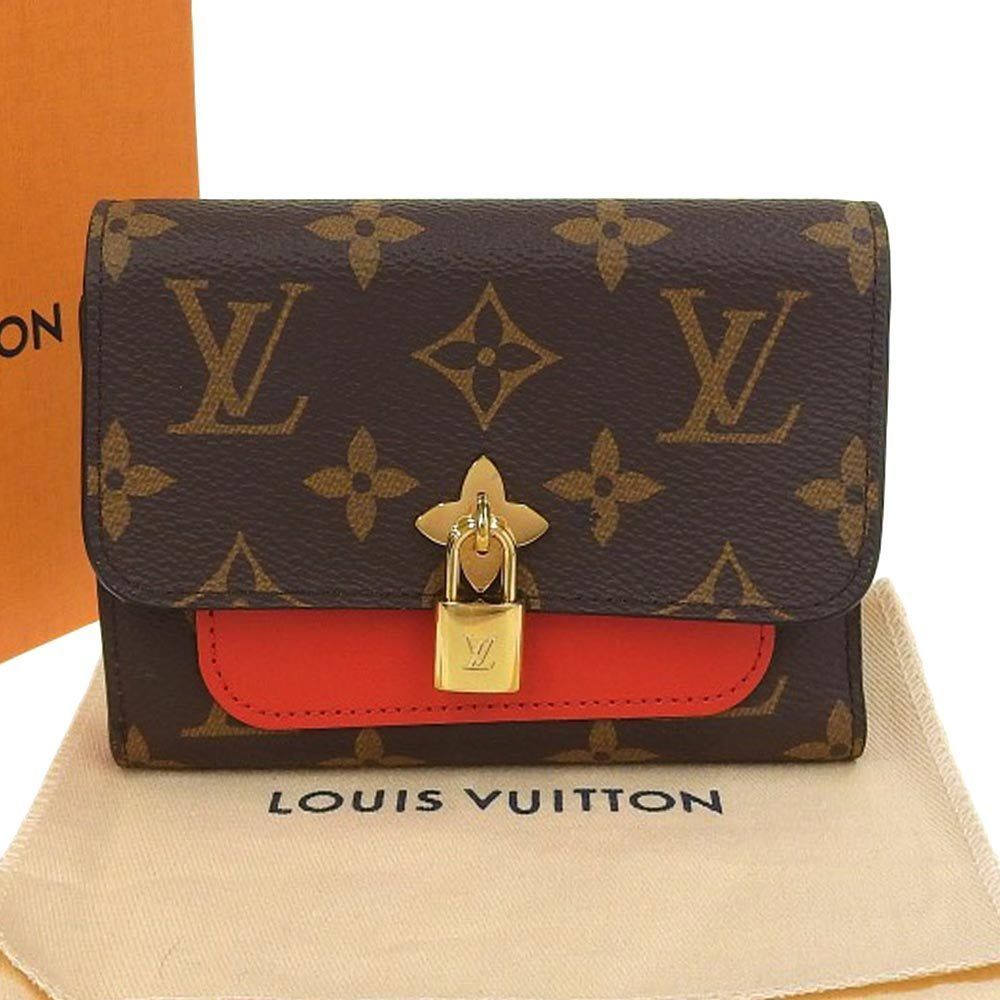 Portefeuille Flower Compact Monogram Leather Brown Red Coquelicot Wallet